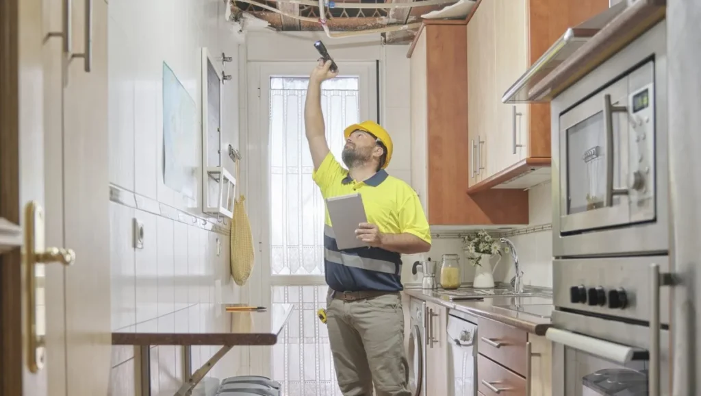 Home inspection contingency professional inspecting exposed ceiling damage and structural components in a residential kitchen while documenting findings on a clipboard.