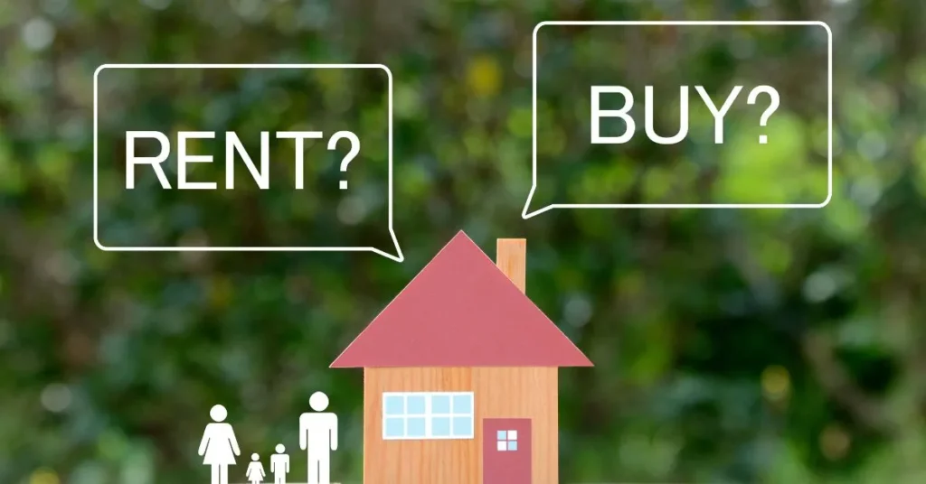 Renting vs buying a home comparison concept featuring a model house with “Rent?” and “Buy?” signs, illustrating the decision-making process for prospective homeowners and renters.
